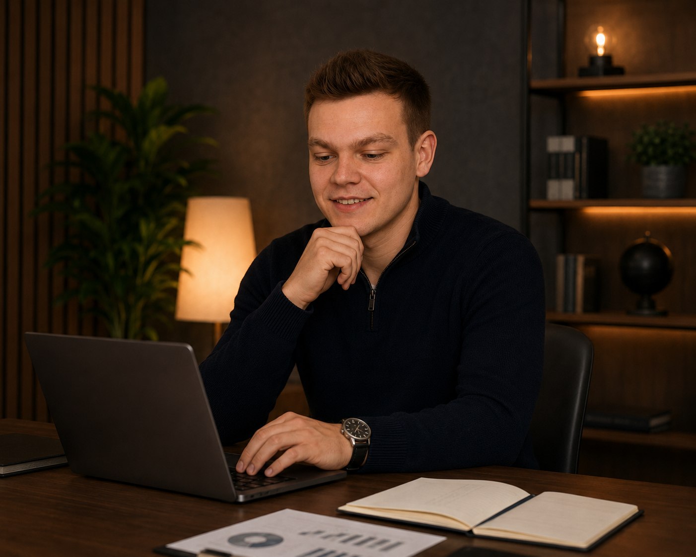Jonathan Neder arbeitet konzentriert am Laptop